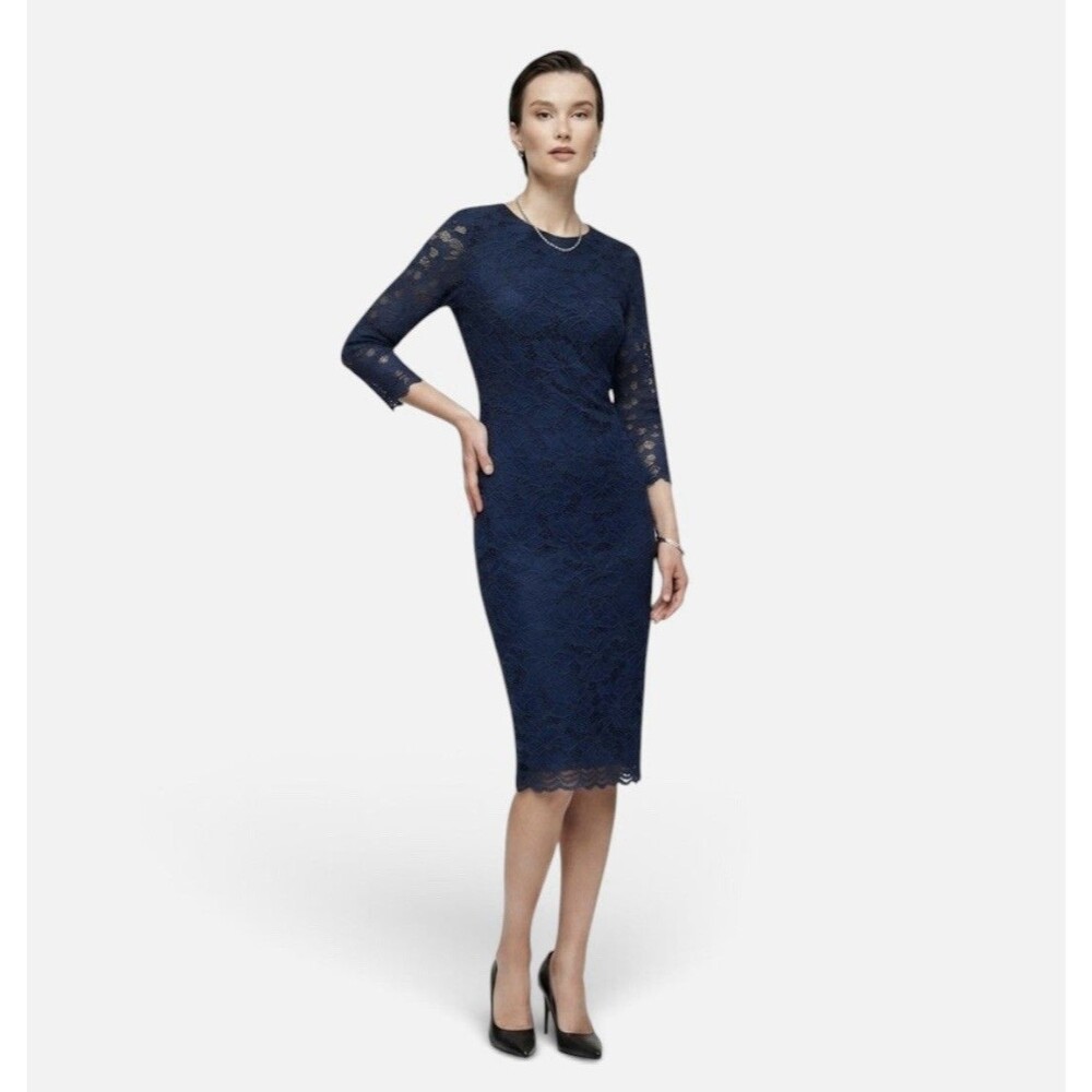 NWT AX Paris Navy Blue Floral Lace Bodycon Midi Dress Women’s Size 4 NEW
